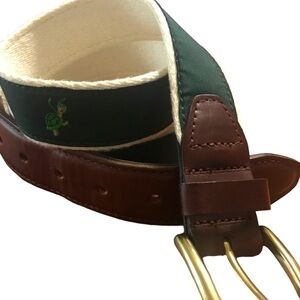 Vintage Golfing Turtle Web Ribbon Leather Belt Brass Buckle Belt Brown Green